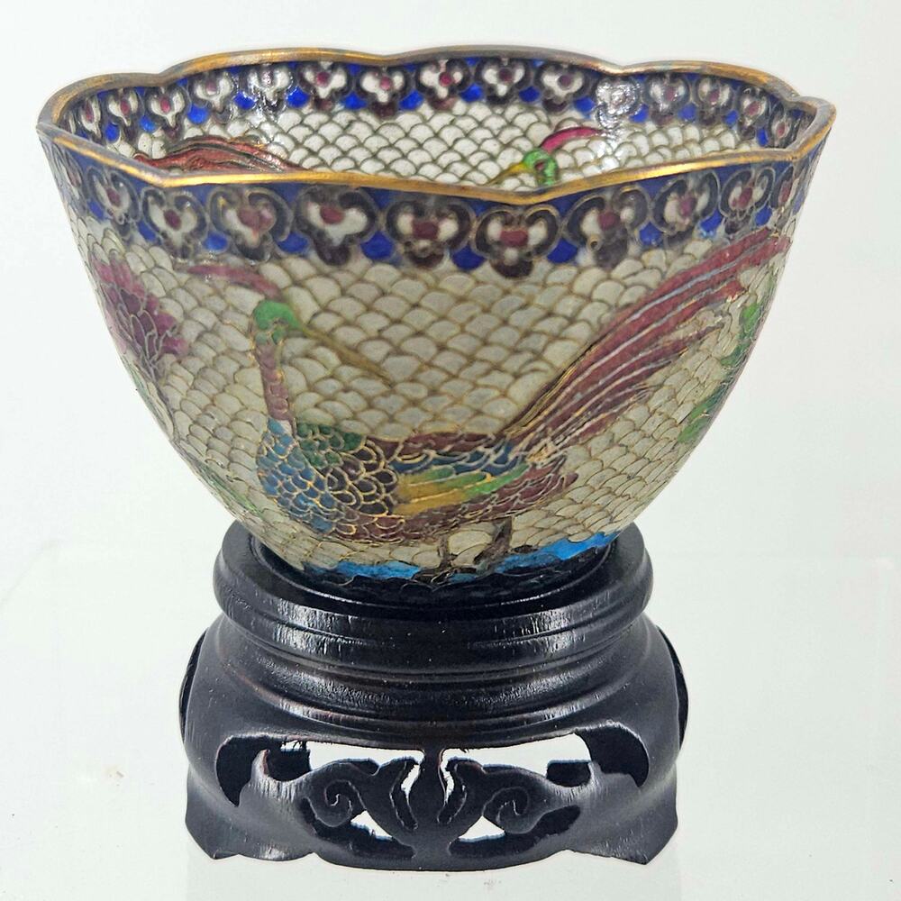 Vintage Chinese Plique A jour Cloisonne cup dish wood stand Phoenix floral